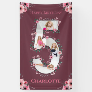 Big 5th Birthday Girl Foto Collage Pink Blume Banner