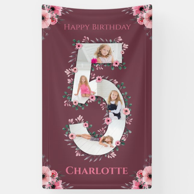 Big 5th Birthday Girl Foto Collage Pink Blume Banner (Vertikal)