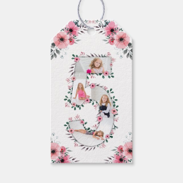 Big 5th Birthday Girl Foto Collage Pink Blume Geschenkanhänger (Vorderseite)