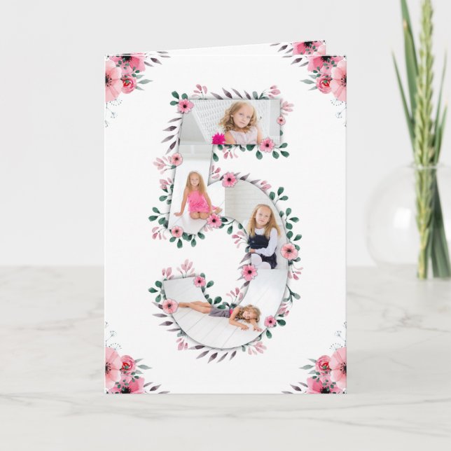 Big 5th Birthday Girl Foto Collage Pink Blume Karte (Vorderseite)