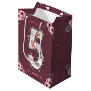 Big 5th Birthday Girl Foto Collage Pink Blume Mittlere Geschenktüte
