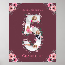 Big 5th Birthday Girl Foto Collage Pink Blume Poster