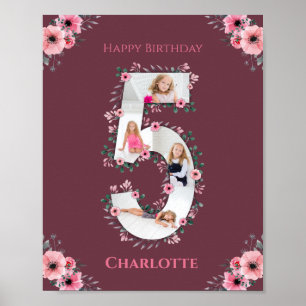 Big 5th Birthday Girl Foto Collage Pink Blume Poster
