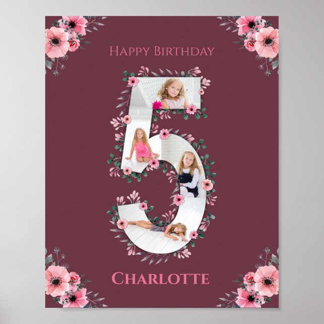 Big 5th Birthday Girl Foto Collage Pink Blume Poster (Vorne)