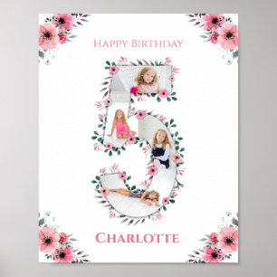 Big 5th Birthday Girl Foto Collage Pink Blume Poster