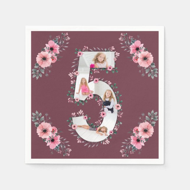 Big 5th Birthday Girl Foto Collage Pink Blume Serviette (Vorderseite)