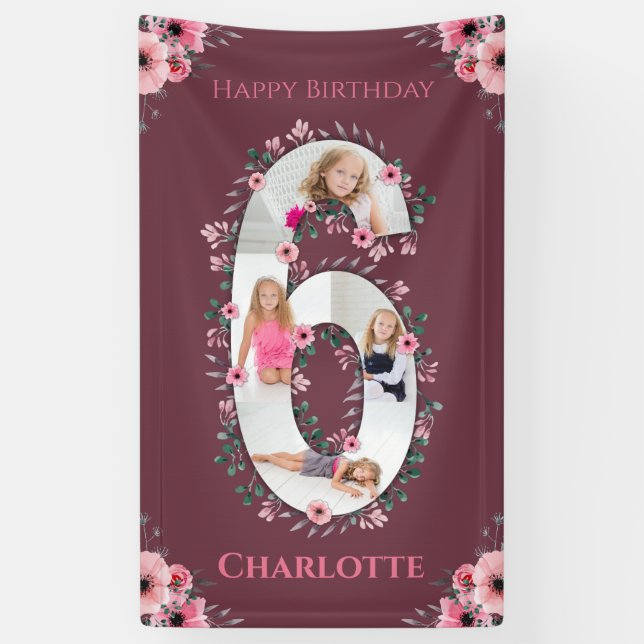 Big 6th Birthday Girl Foto Collage Pink Blume Banner (Vertikal)