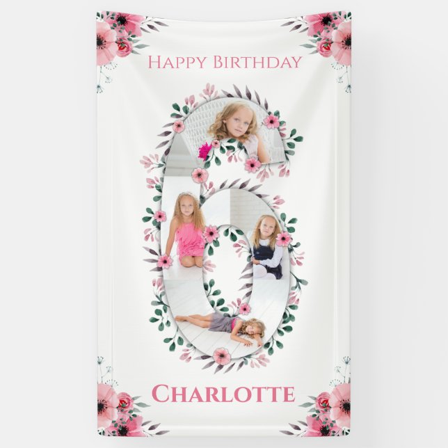 Big 6th Birthday Girl Foto Collage Pink Blume Banner (Vertikal)