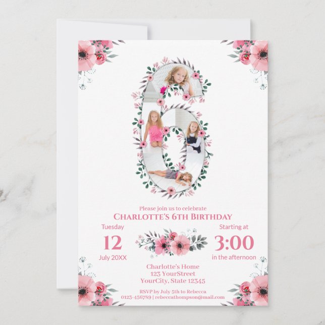 Big 6th Birthday Girl Foto Collage Pink Blume Einladung (Vorderseite)