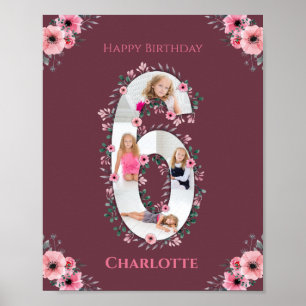 Big 6th Birthday Girl Foto Collage Pink Blume Poster