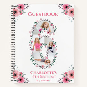 Big 6th Birthday Girl Foto Pink Blume Gästebuch Notizbuch