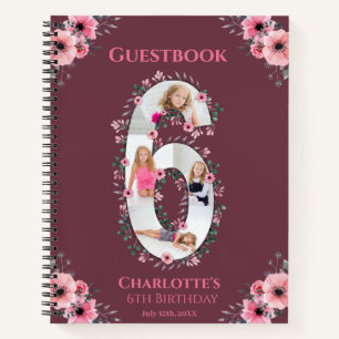 Big 6th Birthday Girl Foto Pink Blume Gästebuch Notizbuch