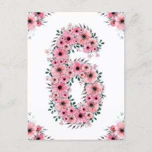 Big 6th Birthday Pink Blume Girl Green Folies Postkarte