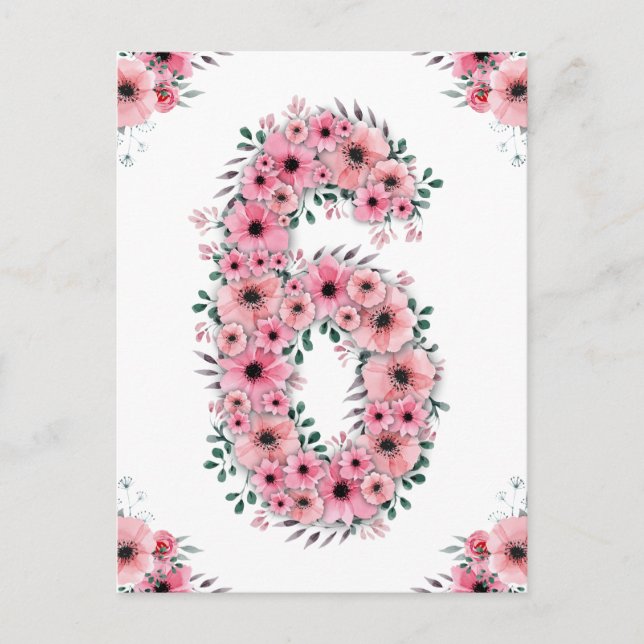Big 6th Birthday Pink Blume Girl Green Folies Postkarte (Vorderseite)