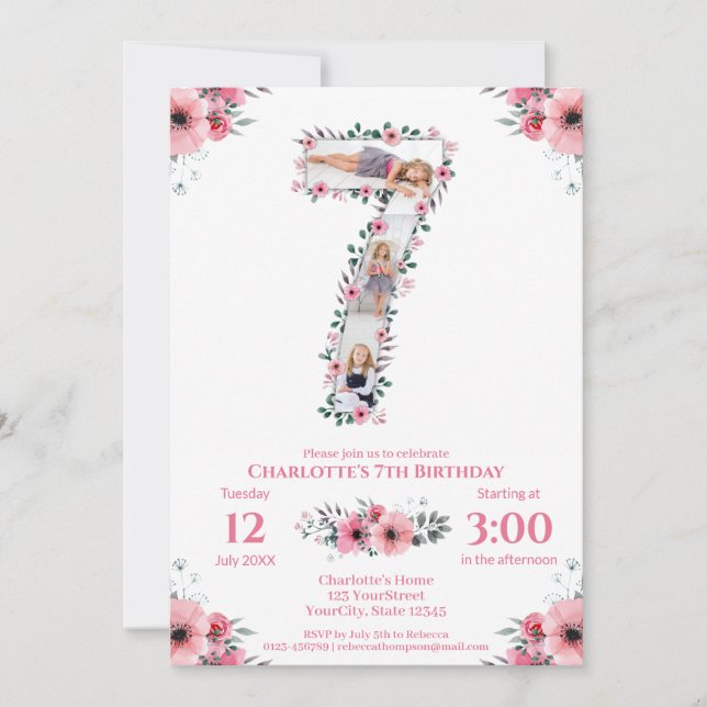 Big 7th Birthday Girl Foto Collage Pink Blume Einladung (Vorderseite)