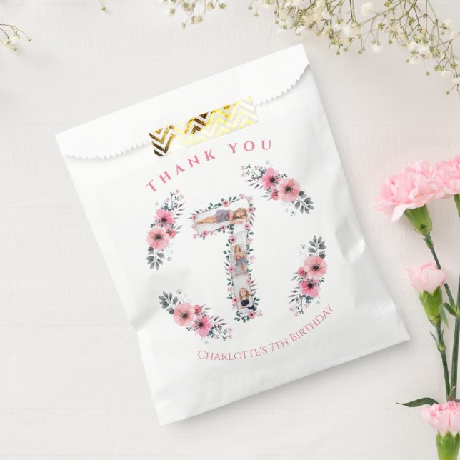 Big 7th Birthday Girl Foto Collage Pink Blume Geschenktütchen (Versiegelt)