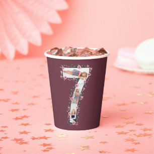 Big 7th Birthday Girl Foto Collage Pink Blume Pappbecher