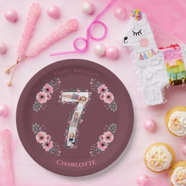 Big 7th Birthday Girl Foto Collage Pink Blume Pappteller (Party)