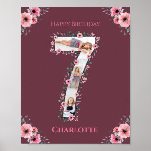 Big 7th Birthday Girl Foto Collage Pink Blume Poster