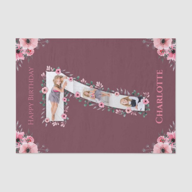 Big 7th Birthday Girl Foto Collage Pink Blume Seidenpapier (Vorderseite)