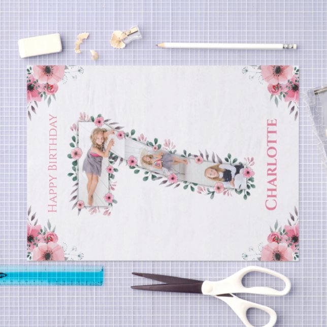 Big 7th Birthday Girl Foto Collage Pink Blume Seidenpapier (Handwerk)
