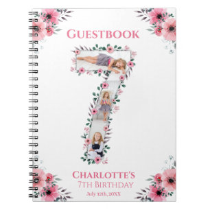 Big 7th Birthday Girl Foto Pink Blume Gästebuch Notizblock