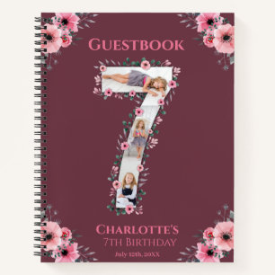 Big 7th Birthday Girl Foto Pink Blume Gästebuch Notizbuch