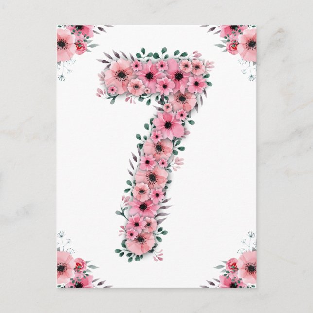 Big 7th Birthday Pink Blume Girl Green Folies Postkarte (Vorderseite)