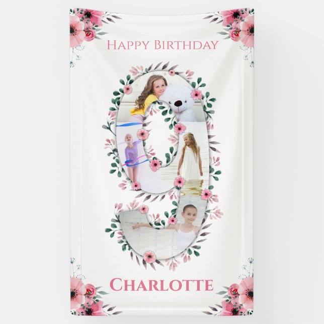 Big 9th Birthday Girl Foto Collage Pink Blume Banner (Vertikal)