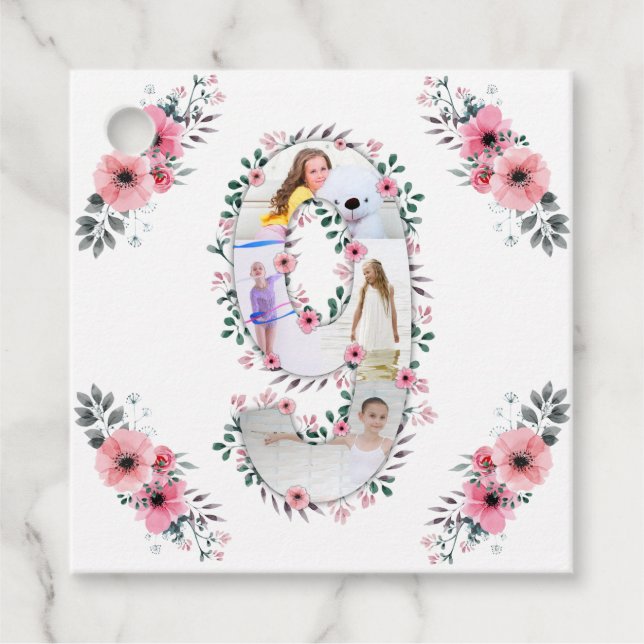 Big 9th Birthday Girl Foto Collage Pink Blume Geschenkanhänger (Vorderseite)
