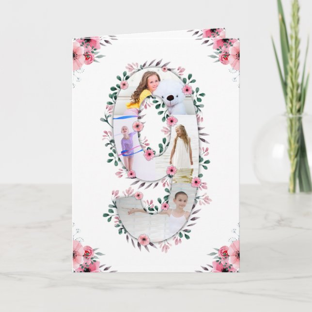 Big 9th Birthday Girl Foto Collage Pink Blume Karte (Vorderseite)