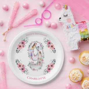 Big 9th Birthday Girl Foto Collage Pink Blume Pappteller