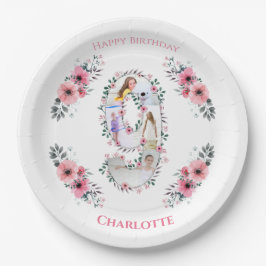 Big 9th Birthday Girl Foto Collage Pink Blume Pappteller