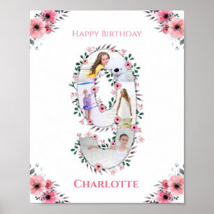 Big 9th Birthday Girl Foto Collage Pink Blume Poster