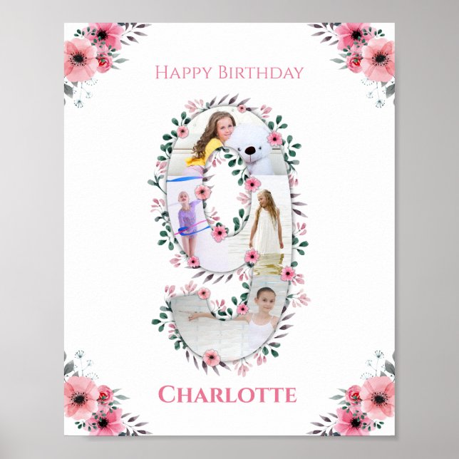 Big 9th Birthday Girl Foto Collage Pink Blume Poster (Vorne)