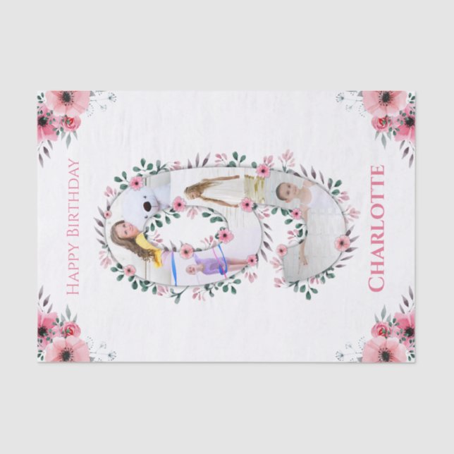 Big 9th Birthday Girl Foto Collage Pink Blume Seidenpapier (Vorderseite)