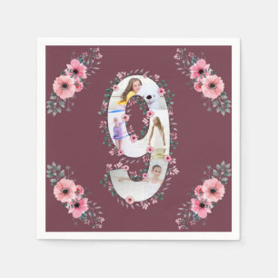 Big 9th Birthday Girl Foto Collage Pink Blume Serviette
