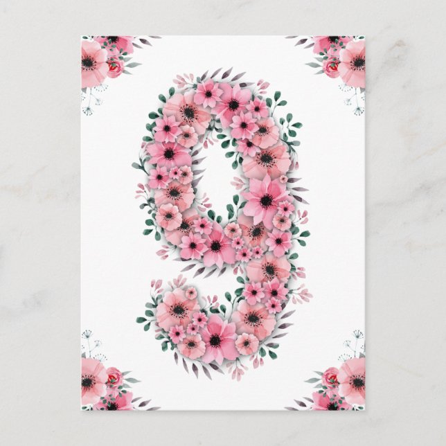 Big 9th Birthday Pink Blume Girl Green Folies Postkarte (Vorderseite)