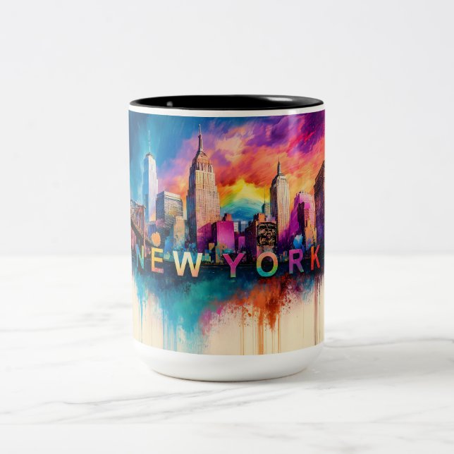Big Apple NYC Abstrakt Skyline Zweifarbige Tasse (Mittel)
