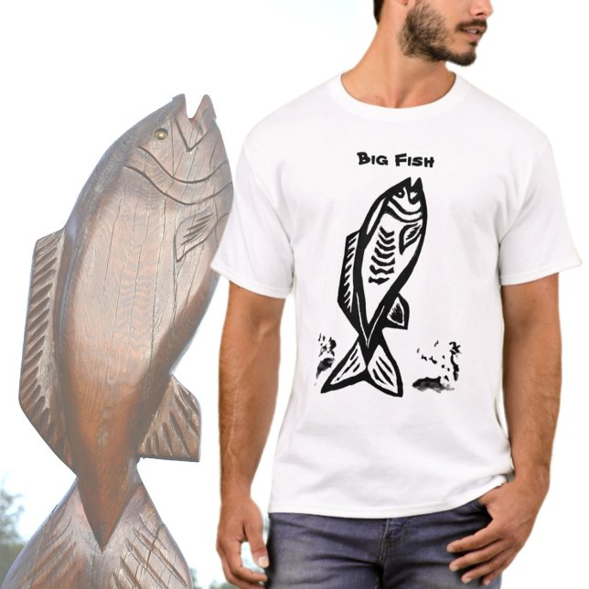 Big Bass Fish Primitive Art Schwarz und Weiß T-Shirt (Von Creator hochgeladen)