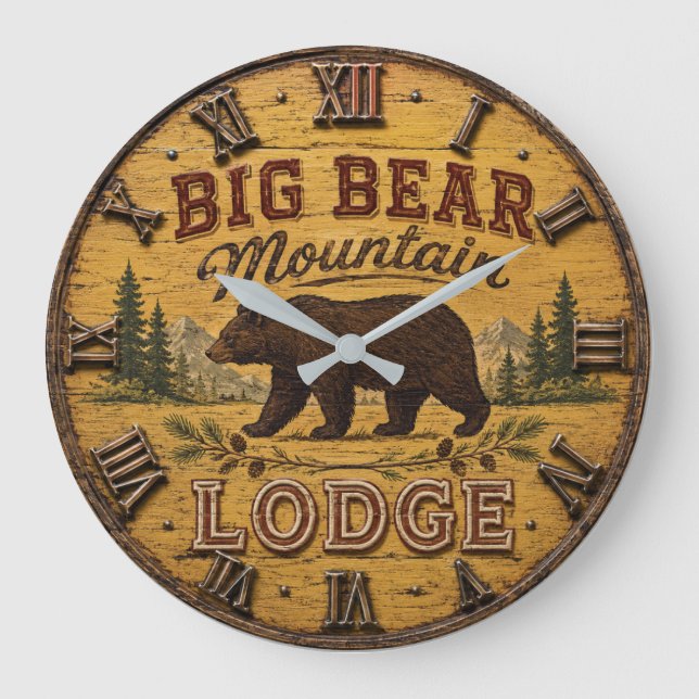 Big Bear Mountain Lodge Rustic Große Wanduhr (Vorderseite)