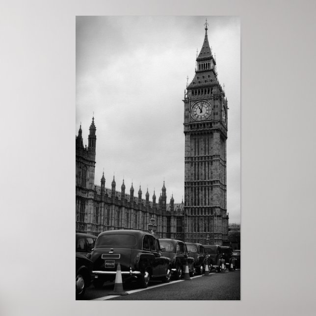Big Ben en Taxi Kabinen in schwarz-weißem Poster (Vorne)