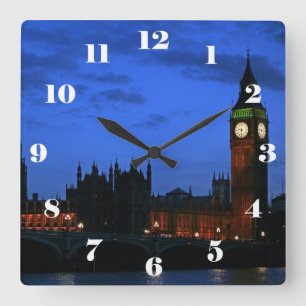 Big Ben London at night, with numbers Quadratische Wanduhr