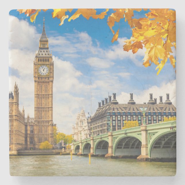 Big Ben mit Autumn Leaves, London Steinuntersetzer (Vorderseite)