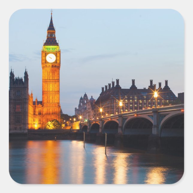 Big Ben und Westminster Bridge im Abend Quadratischer Aufkleber (Vorderseite)