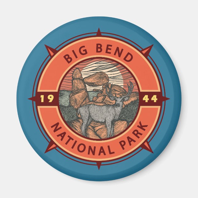 Big Bend Nationalpark Elk Retro Kompass Emblem Magnet (Vorne)