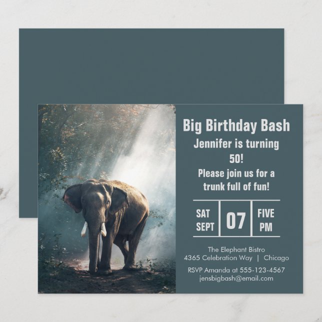 Big Birthday Bash Elephant Foto Einladung (Vorne/Hinten)