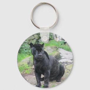 Big Black Jaguar Cat auf Rock Schlüsselanhänger