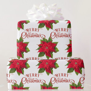 Big Bold Poinsettia Red Frohe Weihnachten Weiß Geschenkpapier