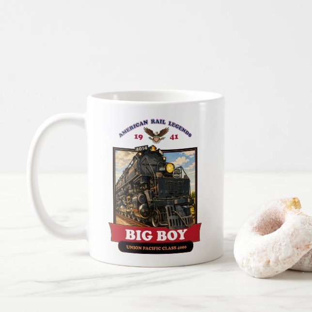 Big Boy 4014 Steam Locomotive Retro Illustration Kaffeetasse (Mit Donut)